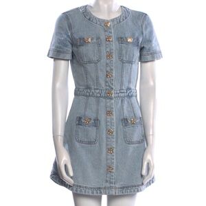 Miracle Duck Mini Dress Womens S Light Blue Denim Jeweled Snap Buttons Spring